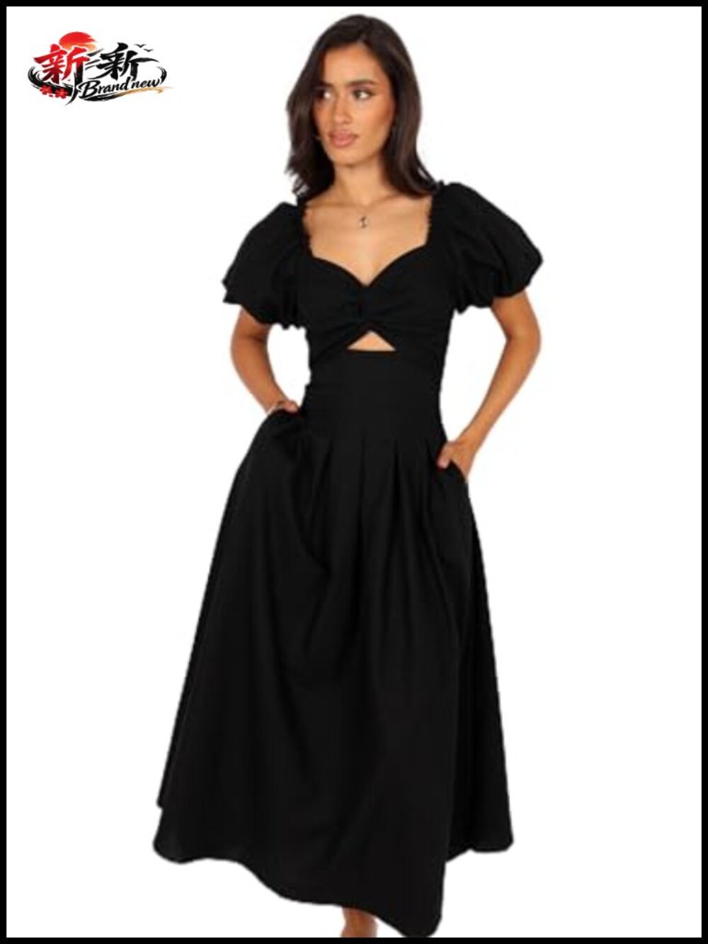 Women's Puff Sleeve Midi Dress Sweetheart Neckline Knotted Bust Cocktail Party